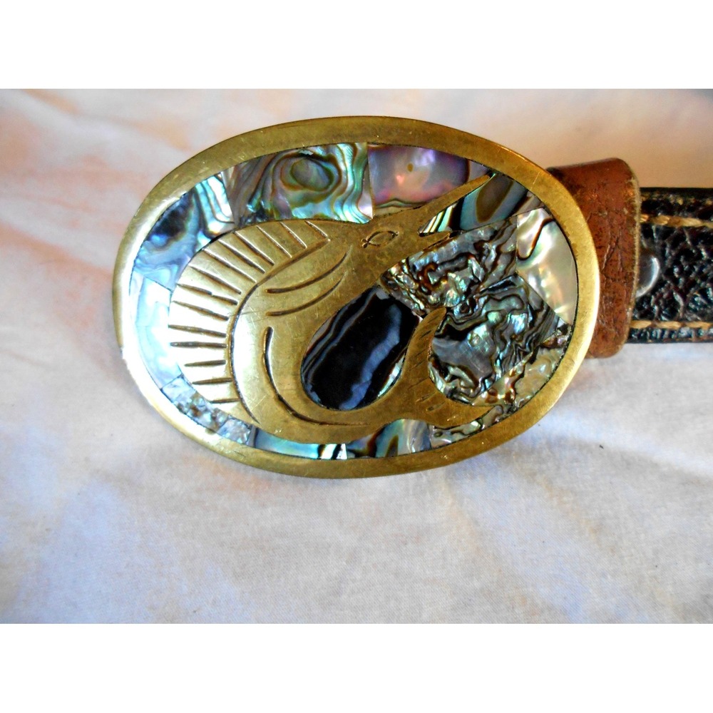 Vintage Hecho Mexico Belt Buckle & Leather Belt Abalone Inlay 3 X 2" Pearl Brass